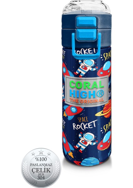 Kids Lacivert Mavi Uzay Desenli Pipetli ve Direkt Içim Çelik Termos 500 ml 31917