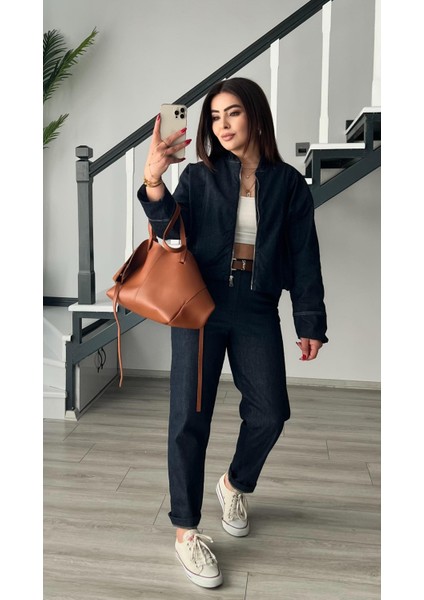 Denim Görünümlü Bomber Ceket-Pantolon Takım