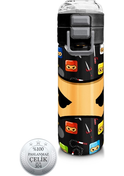 Kids Siyah Ninja Desenli Pipetli ve Direkt Içim Çelik Termos 500 ml 31919