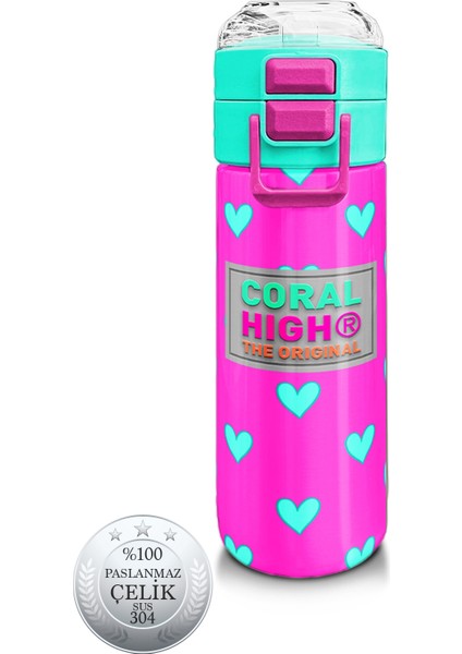 Kids Neon Pembe Su Yeşili Kalp Desenli Pipetli ve Direkt Içim Çelik Termos 500 ml 31906
