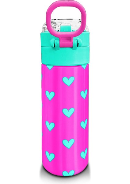 Kids Neon Pembe Su Yeşili Kalp Desenli Pipetli ve Direkt Içim Çelik Termos 500 ml 31906 modelleri
