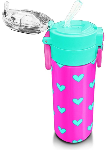 Kids Neon Pembe Su Yeşili Kalp Desenli Pipetli ve Direkt Içim Çelik Termos 500 ml 31906 indirimleri