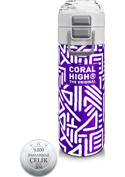 Kids Mor Beyaz Geometrik Desenli Pipetli ve Direkt Içim Çelik Termos 500 ml 31883