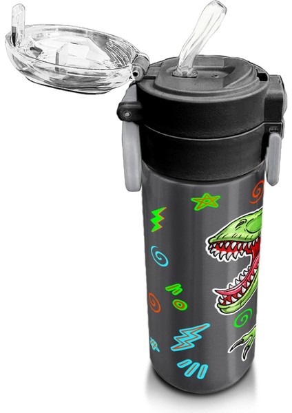 Kids Siyah Gri Dinozor Desenli Pipetli ve Direkt Içim Çelik Termos 500 ml 31946 indirimleri