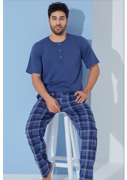 Erkek Bisiklet Yaka 3 Düğmeli Desenli Modal Kısa Kol Cepli Pijama Takımı