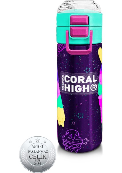 Kids Mor Pembe Dondurma Desenli Pipetli ve Direkt Içim Çelik Termos 500 ml 31980