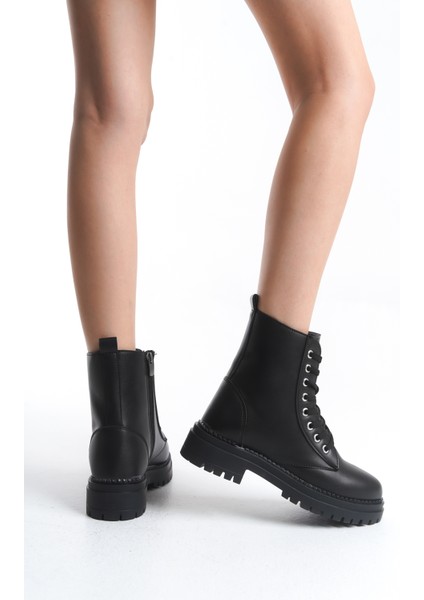 Kadın Siyah Günlük Postal Bot Rahat Taban Bağcıklı ve Fermuarlı Kışlık Ayakkabı