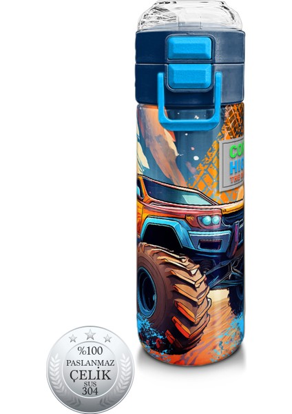Kids Turuncu High Wheels Truck Desenli Pipetli ve Direkt Içim Çelik Termos 500 ml 31994