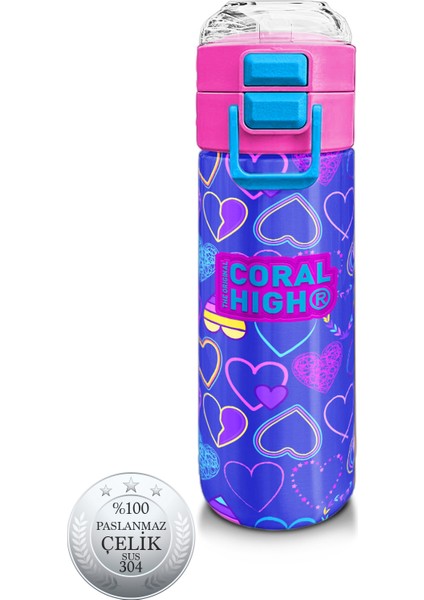 Kids Açık Pembe Lavanta Kalp Desenli Pipetli ve Direkt Içim Çelik Termos 500 ml 31977