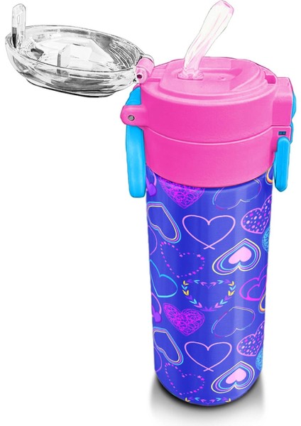 Kids Açık Pembe Lavanta Kalp Desenli Pipetli ve Direkt Içim Çelik Termos 500 ml 31977 indirimleri