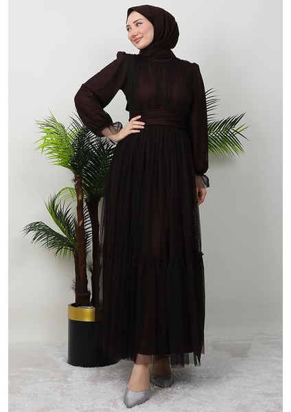 Kuşaklı Fırfırlı Tül Elbise Acı Kahve