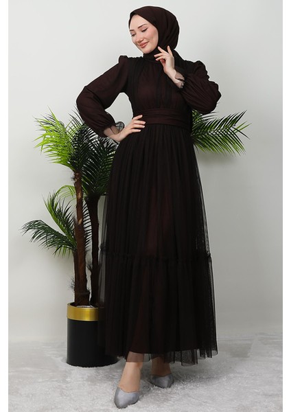 Kuşaklı Fırfırlı Tül Elbise Acı Kahve fiyatları