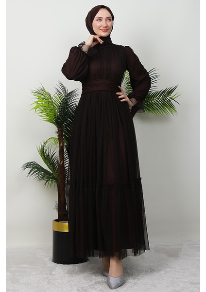 Kuşaklı Fırfırlı Tül Elbise Acı Kahve modelleri