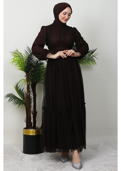 Kuşaklı Fırfırlı Tül Elbise Acı Kahve fırsatları