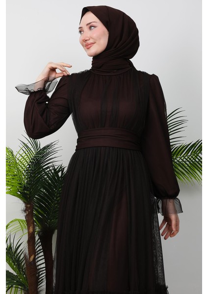 Kuşaklı Fırfırlı Tül Elbise Acı Kahve indirimleri