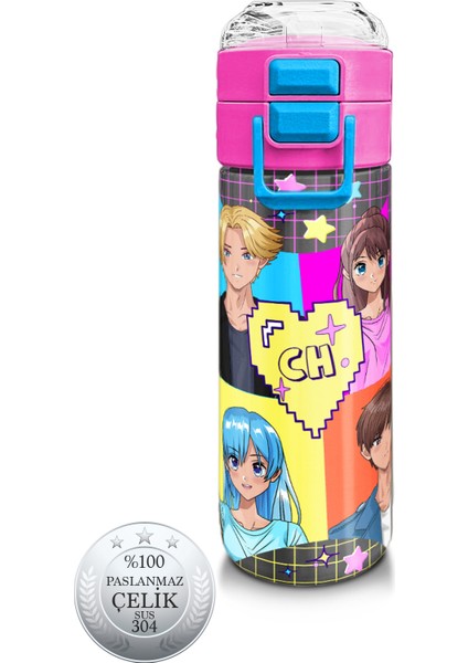 Kids Gri Mavi Pembe Anime Desenli Pipetli ve Direkt Içim Çelik Termos 500 ml 31943