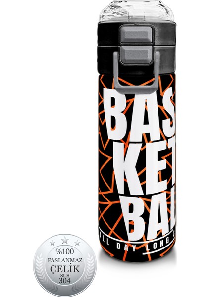 Kids Siyah Basketbol Desenli Pipetli ve Direkt Içim Çelik Termos 500 ml 31852