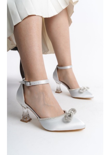 Bilekten Tokalı Saten Fiyonk Şeritli Şeffaf Yüksek Topuklu Kadın Abiye Ayakkabı