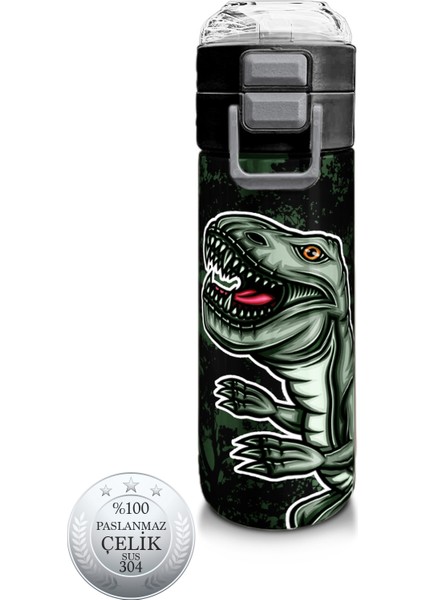 Kids Koyu Yeşil Siyah Dinozor Desenli Pipetli ve Direkt Içim Çelik Termos 500 ml 31934
