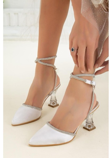Beyaz Bilekten Taş Şerit Bağlamalı Saten Şeffaf Yüksek Topuklu Kadın Abiye Ayakkabı