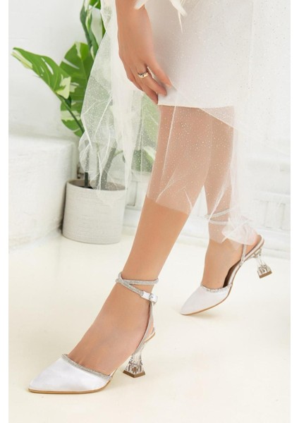 Beyaz Bilekten Taş Şerit Bağlamalı Saten Şeffaf Yüksek Topuklu Kadın Abiye Ayakkabı modelleri