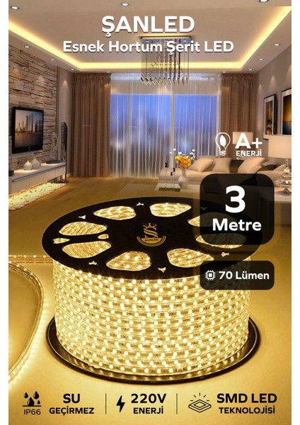 Hortum Esnek Şerit LED Gün Işığı + 220V FIŞ/1,2,3,4,5,10,15,20,25,50,100 Metre