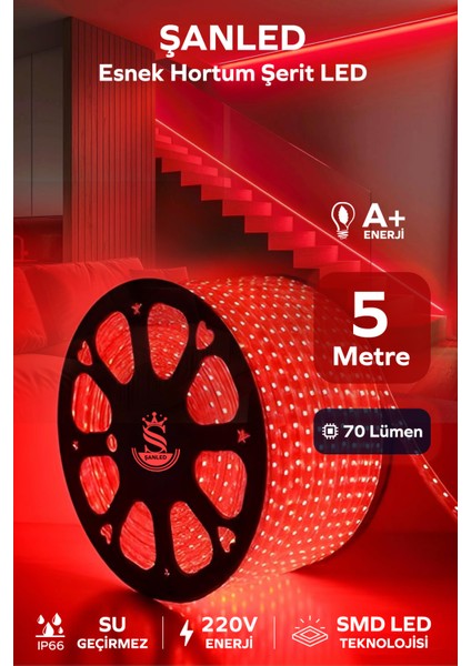 Hortum Esnek Şerit LED Kırmızı Işık + 220V FIŞ/1,2,3,4,5,10,15,20,25,50,100 Metre