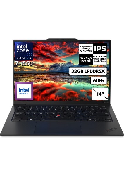 Thinkpad X1 Carbon Gen 12 Ultra 7-155U 32 GB 1 Tbssd Intel Graphics 14" Windows 11 Pro 21KDSXG12CBT2