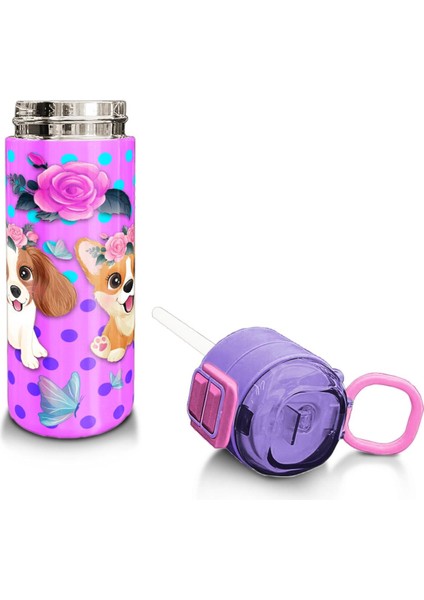 Kids Pembe Köpek Desenli Pipetli ve Direkt Içim Çelik Termos 500 ml 31951