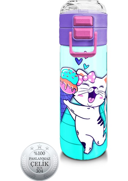 Kids Turkuaz Pembe Dondurmalı Desenli Pipetli ve Direkt Içim Çelik Termos 500 ml 31952