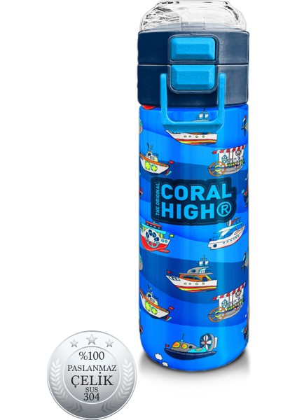 Kids Lacivert Mavi Gemi Desenli Pipetli ve Direkt Içim Çelik Termos 500 ml 31973