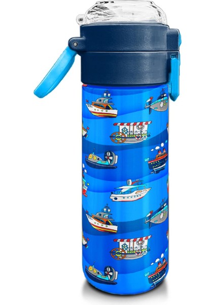 Kids Lacivert Mavi Gemi Desenli Pipetli ve Direkt Içim Çelik Termos 500 ml 31973