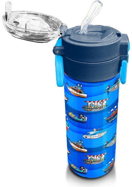 Kids Lacivert Mavi Gemi Desenli Pipetli ve Direkt Içim Çelik Termos 500 ml 31973