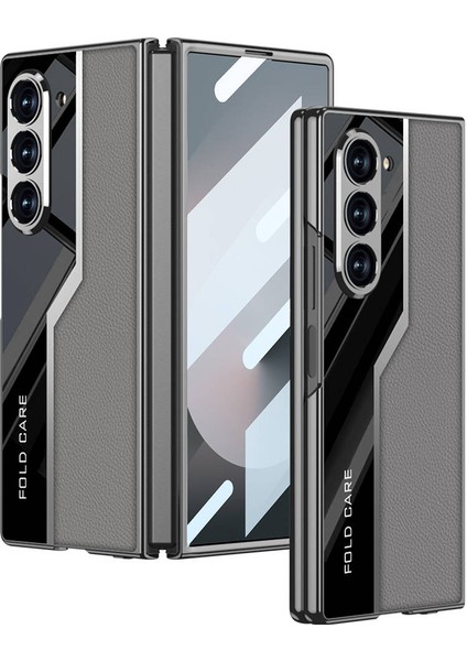 Galaxy Z Fold 6 Kılıf Ultra Ince Kamera Korumalı Pc + Deri Arka Yüzey Zore Kıpta Poligan Kapak-Gri-8