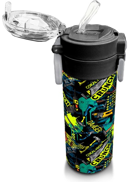 Kids Nefti Siyah Tamir Seti Desenli Pipetli ve Direkt Içim Çelik Termos 500 ml 31974