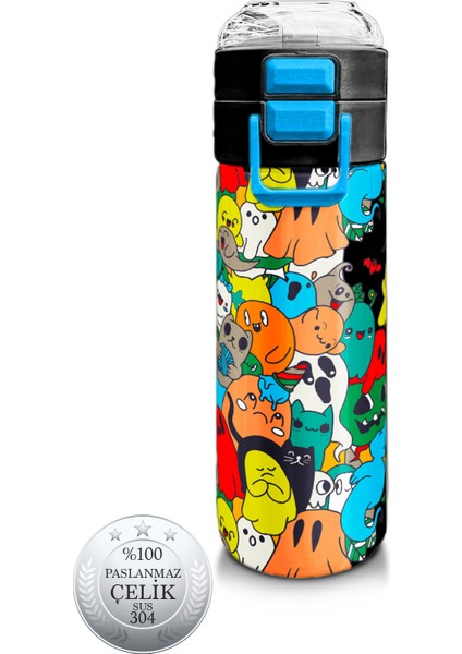 Kids Siyah Karikatür Çizgili Desenli Pipetli ve Direkt Içim Çelik Termos 500 ml 31990