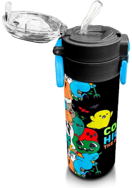Kids Siyah Karikatür Çizgili Desenli Pipetli ve Direkt Içim Çelik Termos 500 ml 31990 indirimleri