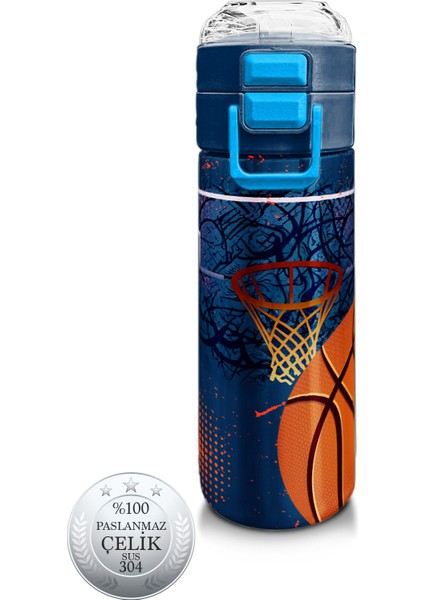 Kids Turuncu Lacivert Basketbol Desenli Pipetli ve Direkt Içim Çelik Termos 500 ml 31967