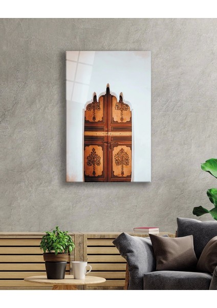 - Çiçek Desenli Ahşap Kapı Görselli Dikey Cam Tablo