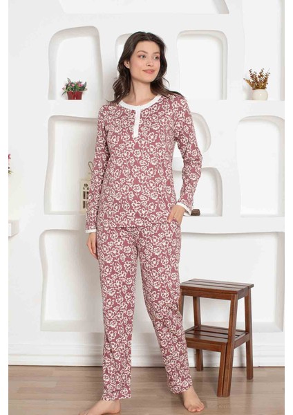 Kadın Çiçek Desen Bisiklet Yaka 3 Düğmeli Pamuk Penye Ince Yazlık Uzun Kol Pijama Takımı