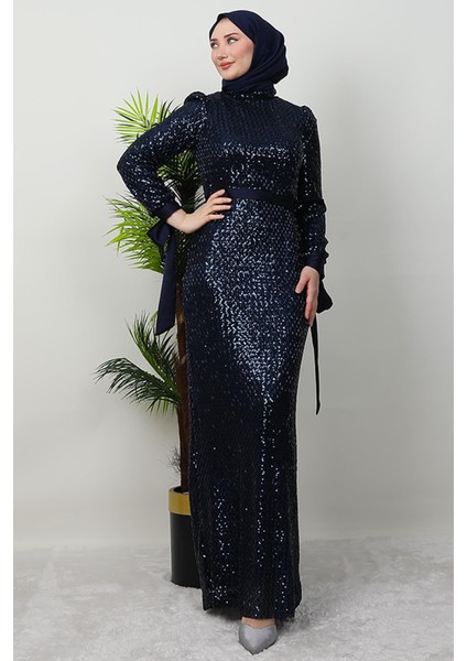 Saten Detay Kalem Elbise Lacivert