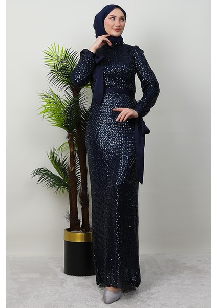 Saten Detay Kalem Elbise Lacivert modelleri