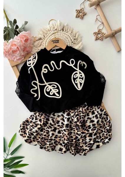 Balon Etekli Yaprak Işleme Detaylı Tük Kol Detaylı Kız Çocuk 2 li takım - Siyah