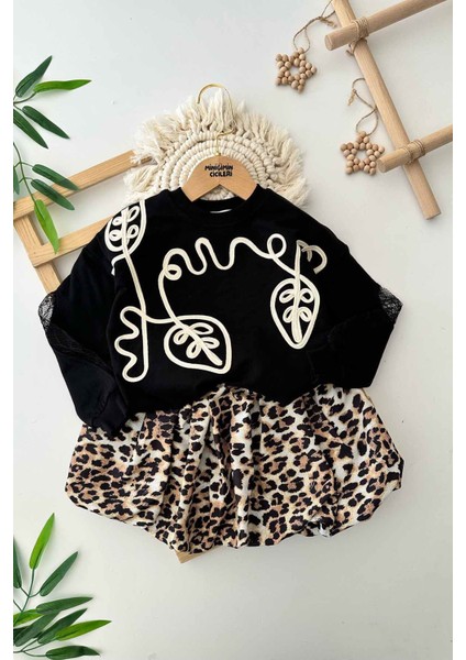 Balon Etekli Yaprak Işleme Detaylı Tük Kol Detaylı Kız Çocuk 2 li takım - Siyah fiyatları