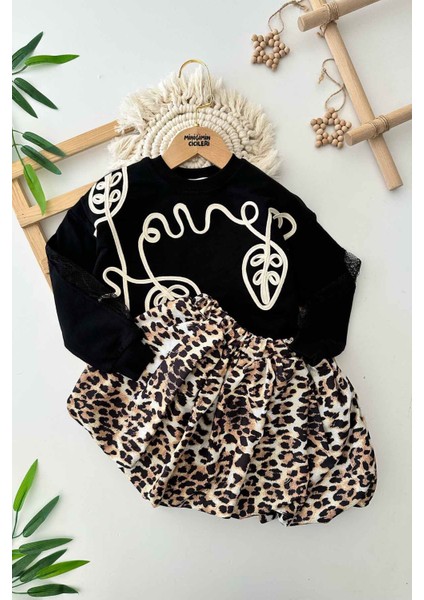 Balon Etekli Yaprak Işleme Detaylı Tük Kol Detaylı Kız Çocuk 2 li takım - Siyah modelleri