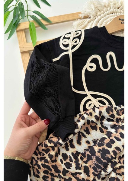 Balon Etekli Yaprak Işleme Detaylı Tük Kol Detaylı Kız Çocuk 2 li takım - Siyah fırsatları