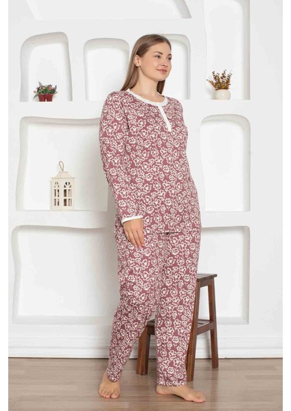 Kadın Çiçek Desen Bisiklet Yaka 3 Düğmeli Pamuk Penye Ince Yazlık Uzun Kol Pijama Takımı