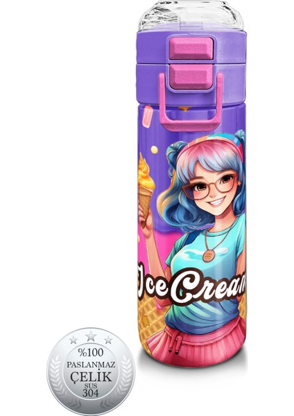 Kids Pembe Turkuaz K-Pop Desenli Pipetli ve Direkt Içim Çelik Termos 500 ml 31989