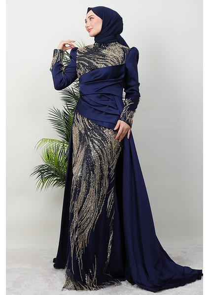 Drapeli Pelerinli Abiye Lacivert