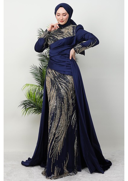 Drapeli Pelerinli Abiye Lacivert fiyatları